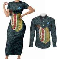 Hawaii Lei Kamehameha Couples Matching Short Sleeve Bodycon Dress and Long Sleeve Button Shirt Uliuli Seamless Pattern Hibiscus Flower LT9 Blue - Polynesian Pride