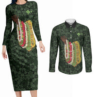 Hawaii Lei Kamehameha Couples Matching Long Sleeve Bodycon Dress and Long Sleeve Button Shirt Oma'oma'o Seamless Pattern Hibiscus Flower LT9 Green - Polynesian Pride