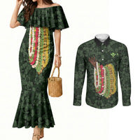 Hawaii Lei Kamehameha Couples Matching Mermaid Dress and Long Sleeve Button Shirt Oma'oma'o Seamless Pattern Hibiscus Flower LT9 Green - Polynesian Pride