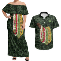 Hawaii Lei Kamehameha Couples Matching Off Shoulder Maxi Dress and Hawaiian Shirt Oma'oma'o Seamless Pattern Hibiscus Flower LT9 Green - Polynesian Pride
