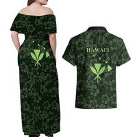 Hawaii Lei Kamehameha Couples Matching Off Shoulder Maxi Dress and Hawaiian Shirt Oma'oma'o Seamless Pattern Hibiscus Flower