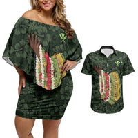 Hawaii Lei Kamehameha Couples Matching Off Shoulder Short Dress and Hawaiian Shirt Oma'oma'o Seamless Pattern Hibiscus Flower LT9 Green - Polynesian Pride