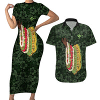 Hawaii Lei Kamehameha Couples Matching Short Sleeve Bodycon Dress and Hawaiian Shirt Oma'oma'o Seamless Pattern Hibiscus Flower