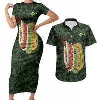 Hawaii Lei Kamehameha Couples Matching Short Sleeve Bodycon Dress and Hawaiian Shirt Oma'oma'o Seamless Pattern Hibiscus Flower LT9 Green - Polynesian Pride