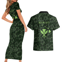 Hawaii Lei Kamehameha Couples Matching Short Sleeve Bodycon Dress and Hawaiian Shirt Oma'oma'o Seamless Pattern Hibiscus Flower