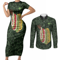 Hawaii Lei Kamehameha Couples Matching Short Sleeve Bodycon Dress and Long Sleeve Button Shirt Oma'oma'o Seamless Pattern Hibiscus Flower LT9 Green - Polynesian Pride