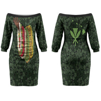 Hawaii Lei Kamehameha Family Matching Off The Shoulder Long Sleeve Dress and Hawaiian Shirt Oma'oma'o Seamless Pattern Hibiscus Flower LT9 Mom's Dress Green - Polynesian Pride