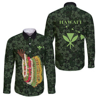 Hawaii Lei Kamehameha Family Matching Off The Shoulder Long Sleeve Dress and Hawaiian Shirt Oma'oma'o Seamless Pattern Hibiscus Flower LT9 Dad's Shirt - Long Sleeve Green - Polynesian Pride