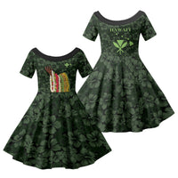 Hawaii Lei Kamehameha Family Matching Off The Shoulder Long Sleeve Dress and Hawaiian Shirt Oma'oma'o Seamless Pattern Hibiscus Flower LT9 Daughter's Dress Green - Polynesian Pride