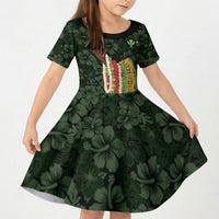 Hawaii Lei Kamehameha Kid Short Sleeve Dress Oma'oma'o Seamless Pattern Hibiscus Flower LT9 KID Green - Polynesian Pride
