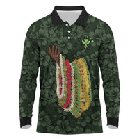 Hawaii Lei Kamehameha Long Sleeve Polo Shirt Oma'oma'o Seamless Pattern Hibiscus Flower LT9 Green - Polynesian Pride
