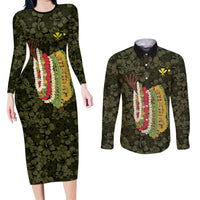 Hawaii Lei Kamehameha Couples Matching Long Sleeve Bodycon Dress and Long Sleeve Button Shirt Melemele Seamless Pattern Hibiscus Flower