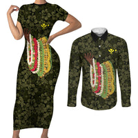 Hawaii Lei Kamehameha Couples Matching Short Sleeve Bodycon Dress and Long Sleeve Button Shirt Melemele Seamless Pattern Hibiscus Flower
