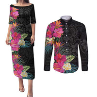 Hafa Adai Guam Couples Matching Puletasi and Long Sleeve Button Shirt Tropical Flowers Colorful Vibes LT9 Black - Polynesian Pride