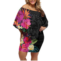 Hafa Adai Guam Family Matching Off Shoulder Short Dress and Hawaiian Shirt Tropical Flowers Colorful Vibes
