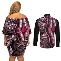 Polynesia Dashiki Couples Matching Off Shoulder Short Dress and Long Sleeve Button Shirts Polynesia and Africa Traditional Special Together Pink LT9 - Polynesian Pride