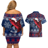 Samoa Manuia Le Kirisimasi Couples Matching Off Shoulder Short Dress and Hawaiian Shirt Samoan Fishing Tribal Pattern Christmas Vibe LT9 - Polynesian Pride