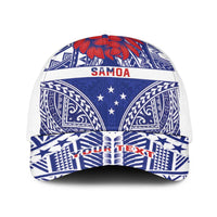 Personalised Toa Samoa Rugby Spirit Baseball Net Cap Blue Samoan Tribal Pattern LT9 One Size White Blue - Polynesian Pride