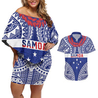 Personalised Toa Samoa Rugby Spirit Couples Matching Off Shoulder Short Dress and Hawaiian Shirt Blue Samoan Tribal Pattern - Polynesian Pride