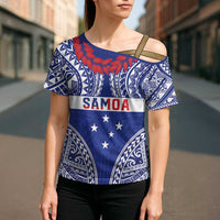 Personalised Toa Samoa Rugby Spirit Cross Shoulder Shirt Blue Samoan Tribal Pattern - Polynesian Pride