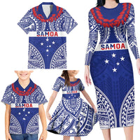 Personalised Toa Samoa Rugby Spirit Family Matching Long Sleeve Bodycon Dress and Hawaiian Shirt Blue Samoan Tribal Pattern - Polynesian Pride