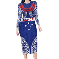 Personalised Toa Samoa Rugby Spirit Family Matching Long Sleeve Bodycon Dress and Hawaiian Shirt Blue Samoan Tribal Pattern - Polynesian Pride