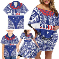 Personalised Toa Samoa Rugby Spirit Family Matching Off Shoulder Short Dress and Hawaiian Shirt Blue Samoan Tribal Pattern - Polynesian Pride