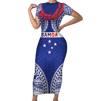 Personalised Toa Samoa Rugby Spirit Family Matching Short Sleeve Bodycon Dress and Hawaiian Shirt Blue Samoan Tribal Pattern - Polynesian Pride