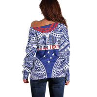 Personalised Toa Samoa Rugby Spirit Off Shoulder Sweater Blue Samoan Tribal Pattern - Polynesian Pride