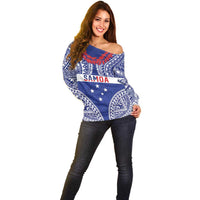 Personalised Toa Samoa Rugby Spirit Off Shoulder Sweater Blue Samoan Tribal Pattern - Polynesian Pride