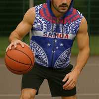 Personalised Toa Samoa Rugby Spirit Sleeveless Zip Hoodie Blue Samoan Tribal Pattern LT9 - Polynesian Pride
