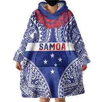 Personalised Toa Samoa Rugby Spirit Wearable Blanket Hoodie Blue Samoan Tribal Pattern - Polynesian Pride