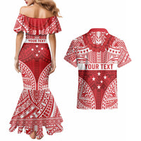 Personalised Toa Samoa Rugby Spirit Couples Matching Mermaid Dress and Hawaiian Shirt Red Samoan Tribal Pattern - Polynesian Pride