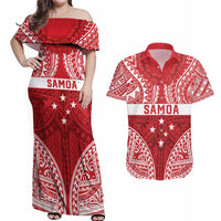 Personalised Toa Samoa Rugby Spirit Couples Matching Off Shoulder Maxi Dress and Hawaiian Shirt Red Samoan Tribal Pattern - Polynesian Pride