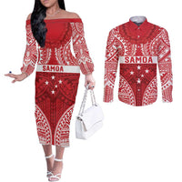 Personalised Toa Samoa Rugby Spirit Couples Matching Off The Shoulder Long Sleeve Dress and Long Sleeve Button Shirt Red Samoan Tribal Pattern - Polynesian Pride
