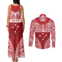 Personalised Toa Samoa Rugby Spirit Couples Matching Tank Maxi Dress and Long Sleeve Button Shirt Red Samoan Tribal Pattern - Polynesian Pride