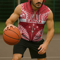 Personalised Toa Samoa Rugby Spirit Sleeveless Zip Hoodie Red Samoan Tribal Pattern LT9 - Polynesian Pride