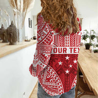 Personalised Toa Samoa Rugby Spirit Women Casual Shirt Red Samoan Tribal Pattern - Polynesian Pride