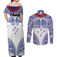 Personalised Toa Samoa Rugby Spirit Couples Matching Off Shoulder Maxi Dress and Long Sleeve Button Shirt White Samoan Tribal Pattern - Polynesian Pride