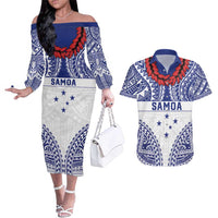 Personalised Toa Samoa Rugby Spirit Couples Matching Off The Shoulder Long Sleeve Dress and Hawaiian Shirt White Samoan Tribal Pattern - Polynesian Pride
