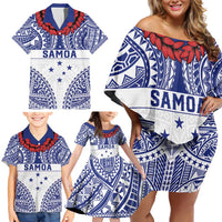 Personalised Toa Samoa Rugby Spirit Family Matching Off Shoulder Short Dress and Hawaiian Shirt White Samoan Tribal Pattern - Polynesian Pride