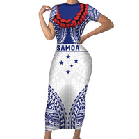 Personalised Toa Samoa Rugby Spirit Short Sleeve Bodycon Dress White Samoan Tribal Pattern - Polynesian Pride