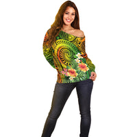 Polynesia Off Shoulder Sweater Pasifika Tribal with Tropical Flowers LT9 - Polynesian Pride