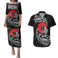 ANZAC Day Aotearoa Silver Fern Maori Personalised Couples Matching Puletasi and Hawaiian Shirt LT9 Black - Polynesian Pride