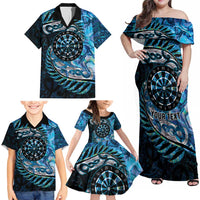 New Zealand Darts Personalised Family Matching Off Shoulder Maxi Dress and Hawaiian Shirt Aotearoa Silver Fern Blue Papua Shell Spirit