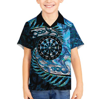 New Zealand Darts Personalised Family Matching Short Sleeve Bodycon Dress and Hawaiian Shirt Aotearoa Silver Fern Blue Papua Shell Spirit