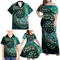 New Zealand Darts Personalised Family Matching Off Shoulder Maxi Dress and Hawaiian Shirt Aotearoa Silver Fern Green Papua Shell Spirit