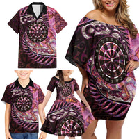 New Zealand Darts Personalised Family Matching Off Shoulder Short Dress and Hawaiian Shirt Aotearoa Silver Fern Pink Papua Shell Spirit
