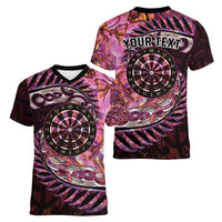 New Zealand Darts Personalised Women V-Neck T-Shirt Aotearoa Silver Fern Pink Papua Shell Spirit