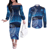 New Zealand Matariki Couples Matching Off The Shoulder Long Sleeve Dress and Long Sleeve Button Shirt Taniko Aramoana With Koru Galaxy Sky Night
